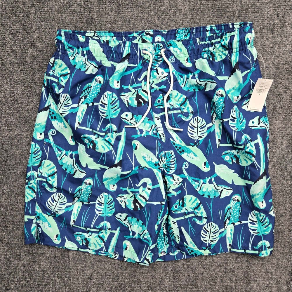 Old Navy Mens Small Blue Tropical Chameleon Parrot Print Swim Trunks NWT